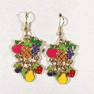 Earrings multi color fruit mix unmarked dangle wire hanger 1.5" drop